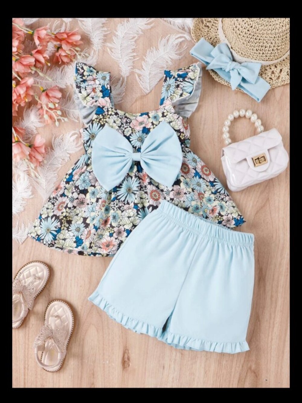 Girls New Floral Print Ruffle Trim Short Set W/Headband Size 3-4Y